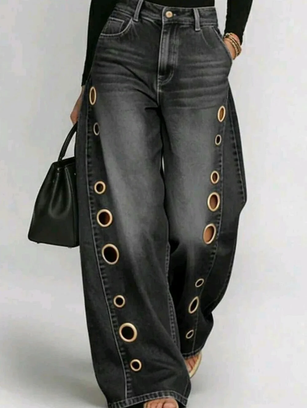 Wide Leg Black Jeans with Gold Eyelet Detail - Picture 1 of 6